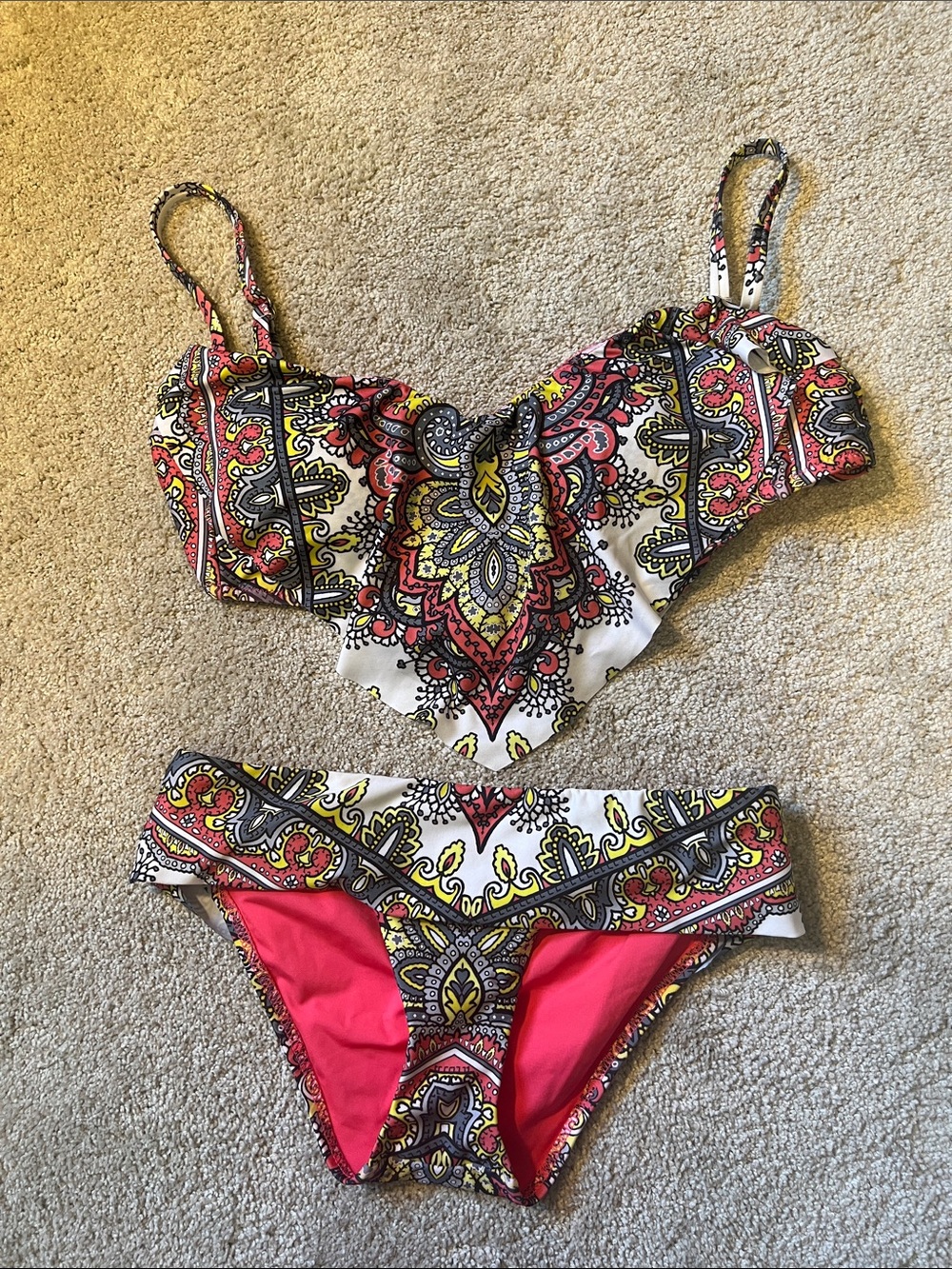 BECCA White Multi Paisley Print Bikini with Coral Lining